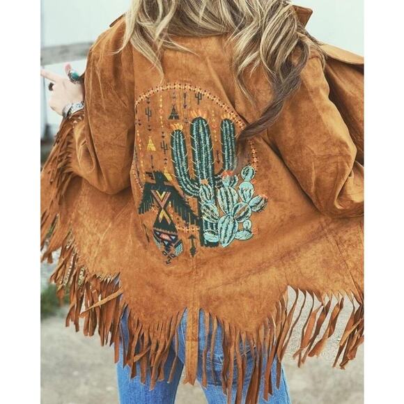 ANDRÉE by UNIT Tan Suede Fringe Jacket w/ Embroidered Cactus &Thunderbird Design - Picture 4 of 16